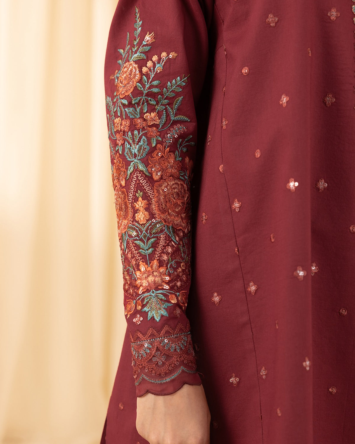 3pc embroidered crosshatch This is a maroon embroidered cambric suit from Sapphire