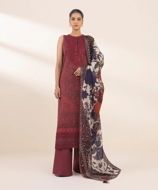 Sapphire Unstitched Lawn '25 - 3 Piece - Embroidered Lawn Suit in maroon with a printed manar dupatta