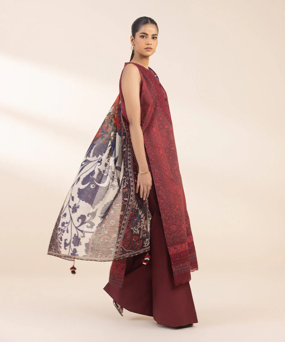 Sapphire Unstitched Lawn '25 - 3 Piece - Embroidered Lawn Suit in maroon with a printed manar dupatta