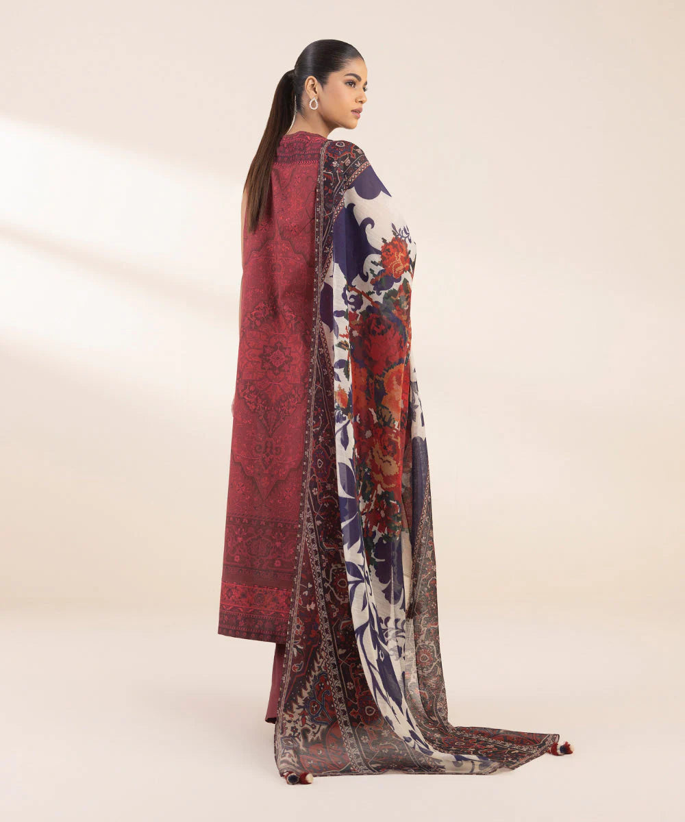 Sapphire Unstitched Lawn '25 - 3 Piece - Embroidered Lawn Suit in maroon with a printed manar dupatta