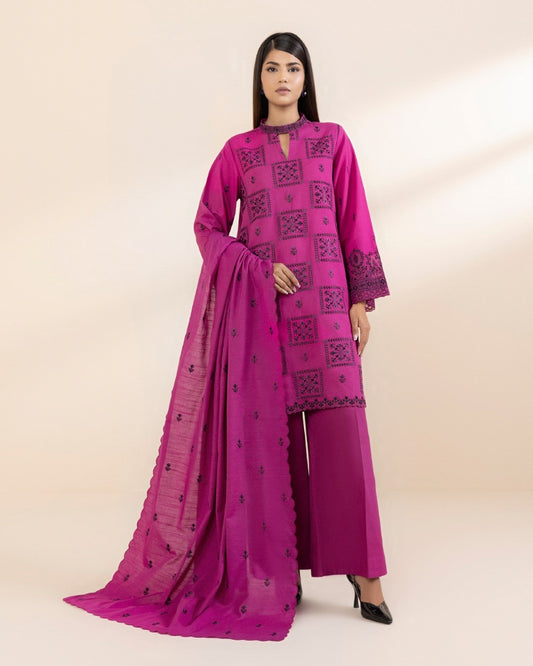 Sapphire unstitched 3-piece embroidered jacquard suit in fuchsia