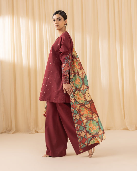 3pc embroidered crosshatch  This is a maroon embroidered cambric suit from Sapphire