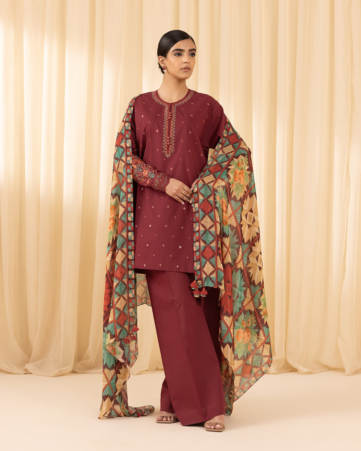 3pc embroidered crosshatch  This is a maroon embroidered cambric suit from Sapphire