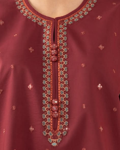 3pc embroidered crosshatch  This is a maroon embroidered cambric suit from Sapphire