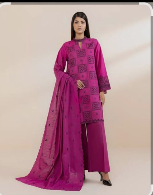 Sapphire unstitched 3-piece embroidered jacquard suit in fuchsia