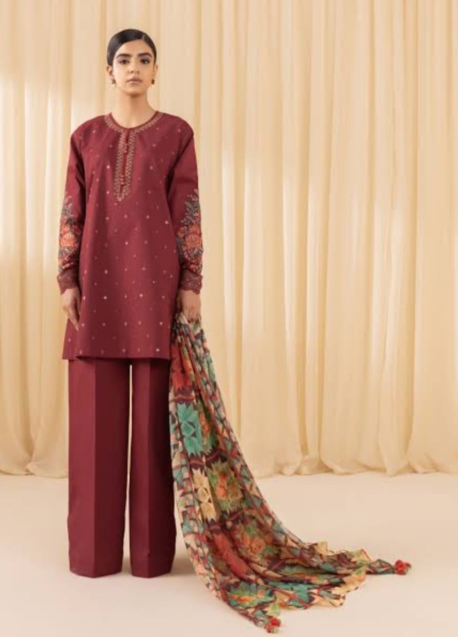 3pc embroidered crosshatch  This is a maroon embroidered cambric suit from Sapphire