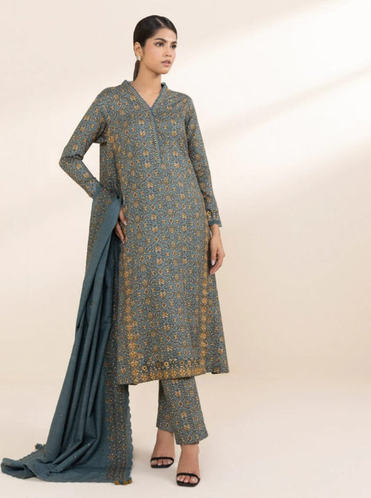 3pc embroidered printed unstitched linen suit